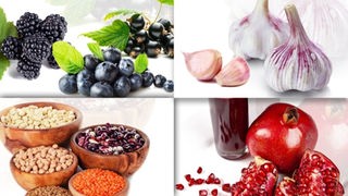 Eine Collage aus vier Bildern mit Knoblauch, Granatapfel, Blaubeeren und Hülsenfrüchten.