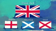 Grafik der Flagge des Vereinigten Königreichs in Blau, Rot, Weiß auf einem gemalten Hintergrund