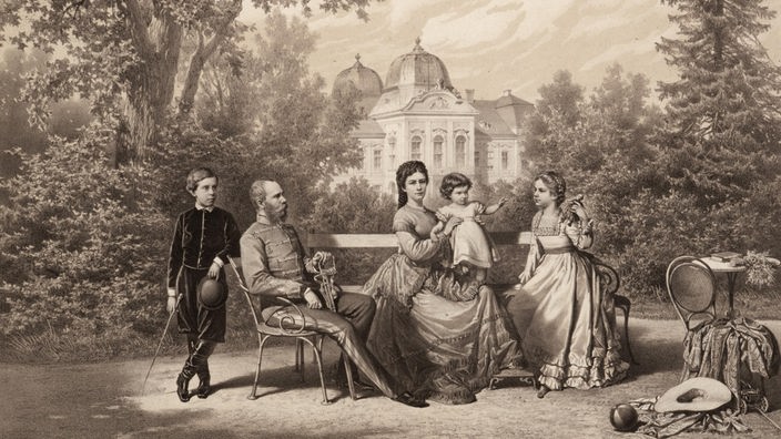 Darstellung der kaiserlichen Familie im Schlosspark mit dem Schloss Gödöllö im Hintergrund