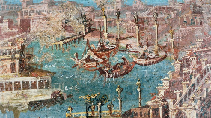 Fresko eines Hafenbeckens mit Schiffen, Booten und zwei Landungsstegen. Die Hafenstadt selbst schmücken Arkaden, Tempel und Siegessäulen.