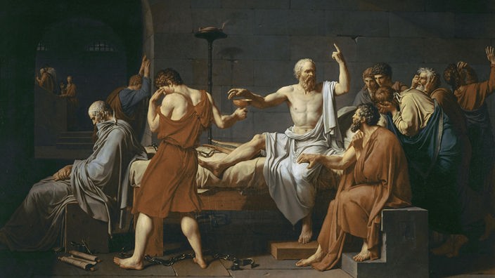 Gemälde: Sokrates auf einer Liege im Gefängnis, umringt von Schülern und Freunden.