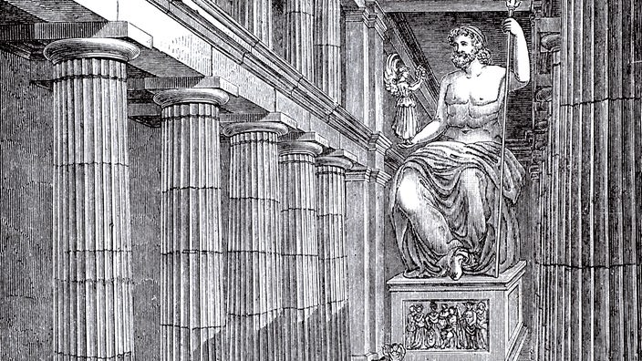 Historischer Stich von einer riesigen Zeusstatue des Bildhauers Phidias im Innenhof des Zeustempels in Olympia.