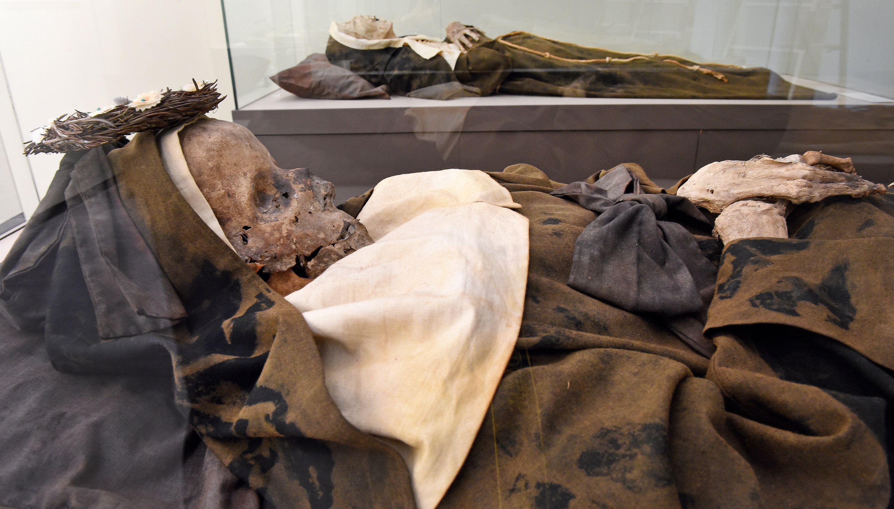 Bekleidete Mumien in Glassärgen
