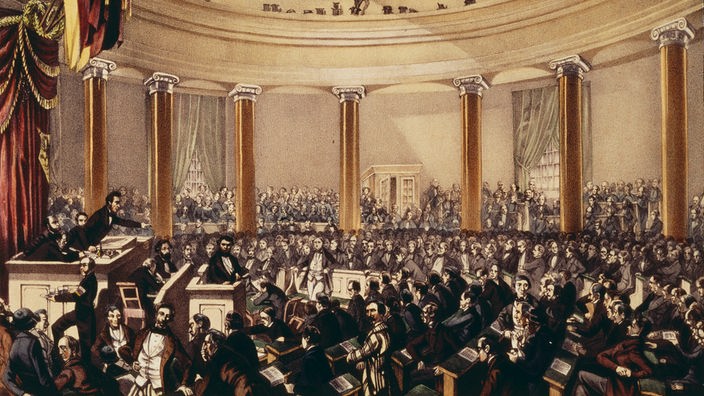 Ein Gemälde zeigt die erste Sitzung des deutschen Parlaments in der Paulskirche Frankfurt