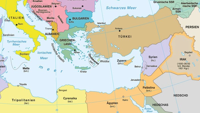 Kartenansicht: Nachfolgestaaten des ehemaligen Osmanischen Reichs und der Nahe Osten 1923