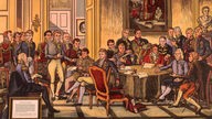 Ein Schulwandbild aus den 1950ern zeigt Delegierte des Wiener Kongresses (1814/15)