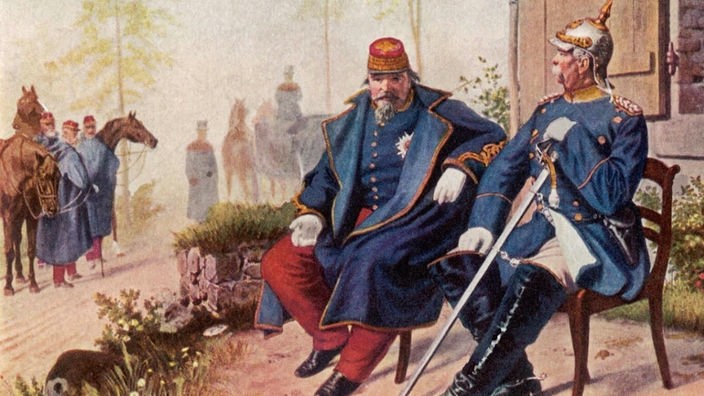 Gemälde des Napoleon III. in deutscher Gefangenschaft mit Otto von Bismarck
