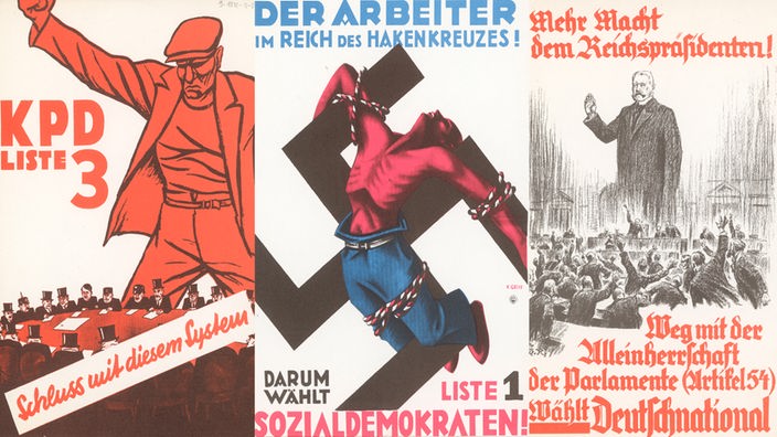 Wahlplakate der SPD, KPD und DNVP vom Reichstagswahlkampf 1932.