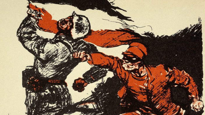 Zeichnung der so genannten Dolchstoßlegende: Ein Mann mit Augenmaske stößt einem Soldaten von hinten ein Messer in den Rücken