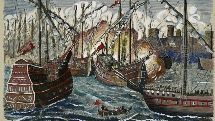 Kolorierter Holzstich um 1880: Vier prachtvolle Kriegsschiffe befinden sich unmittelbar vor dem Hafen