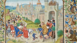 Isabelle, Königin von England, wird 1313 von ihrem Bruder Karl IV in Paris empfangen. Bild von ca 1470
