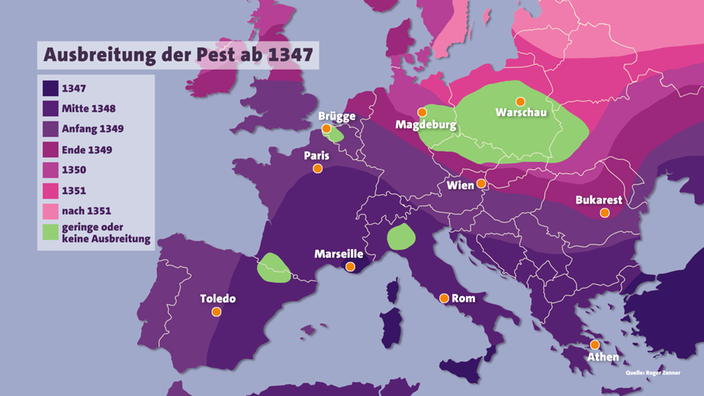 Europakarte mit Teilen des asiatischen Raumes, auf der in Farben die Ausbreitung der Pest ab 1347 eingetragen ist.