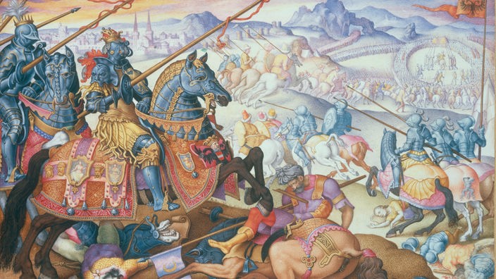 Gemälde: Ritter auf Pferden während einer Schlacht