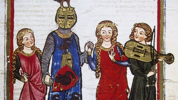 Ein Ritter im blauen Gewand, umgeben von drei Frauen