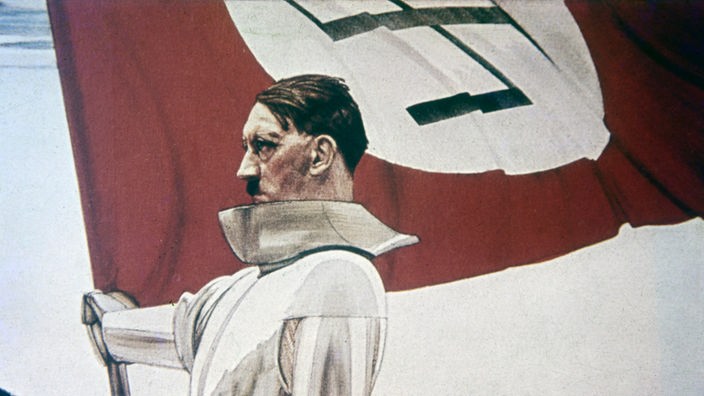 Gemälde "Der Bannerträger" von Hubert Lanzinger: Hitler als Ritter in Rüstung auf dem Pferd