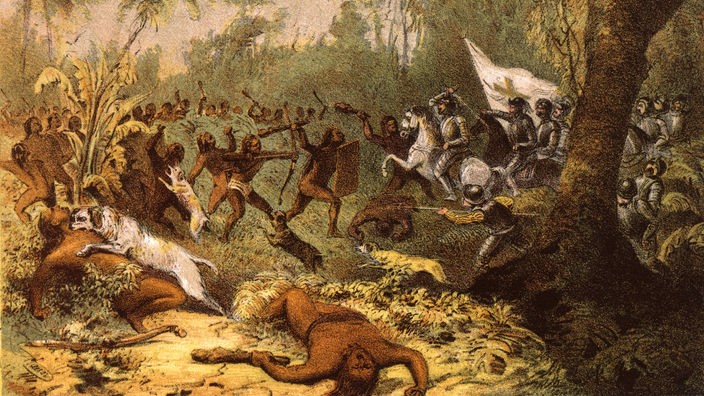 Gemälde: Kolumbus im Krieg mit Ureinwohnern