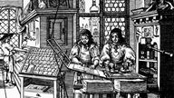 Zwei Buchdrucker bei der Arbeit an einer Gutenberg-Presse