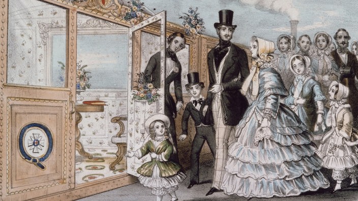  Farblithographie: Königin Viktoria besteigt mit Ehemann und Gefolge einen Zug
