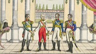 Kurz vor dem Wiener Kongress treffen sich die siegreichen Verbündeten der "Völkerschlacht bei Leipzig": die Kaiser von Österreich, Russland, der König von Preußen und der Kronprinz von Schweden