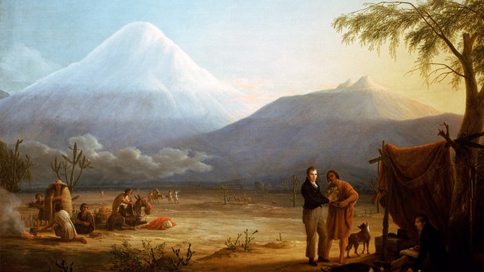 Gemälde: Humboldt in einem Lager vor dem Vulkan Chimborazo