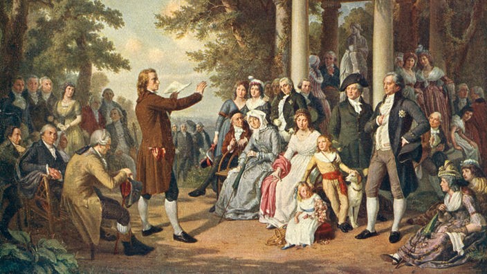 Gemälde: Schiller liest vor Publikum in einem Park