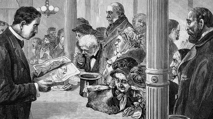 Zeichnung vom 19. Jahrhundert, Kunden in der Staatsbank | Bildquelle: INTERFOTO Zeichnung vom 19. Jahrhundert, Kunden in der Staatsbank