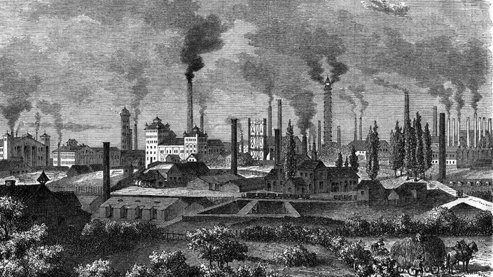 Schwarz-weiß Zeichnung Industriegebiet voller rauchender Fabriken aus dem 19. Jahrhundert.