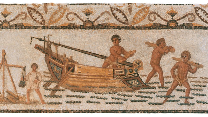 Römisches Mosaik mit einem Schiff, von dem Waren - auch Salz - abgeladen werden. | Bildquelle: akg Römisches Mosaik mit einem Schiff, von dem Waren - auch Salz - abgeladen werden.