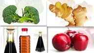 Collage aus vier Bildern mit Brokkoli, Ingwer, roten Äpfeln und Essig.