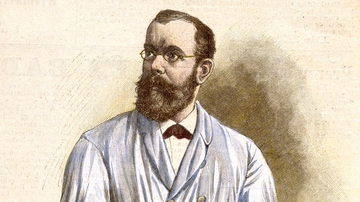 Der Holzstich zeigt den Wissenschaftler Robert Koch im weißen Kittel
