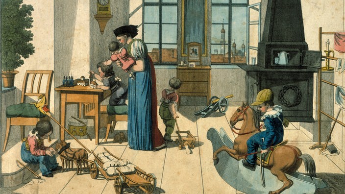 Zeitgenössische Darstellung von J.M.Voltz: das Spielzimmer einer gutbürgerlichen Familie um 1835