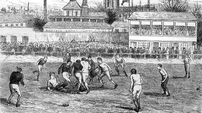 Zeichnung: Szene aus einem Fußballspiel 1883