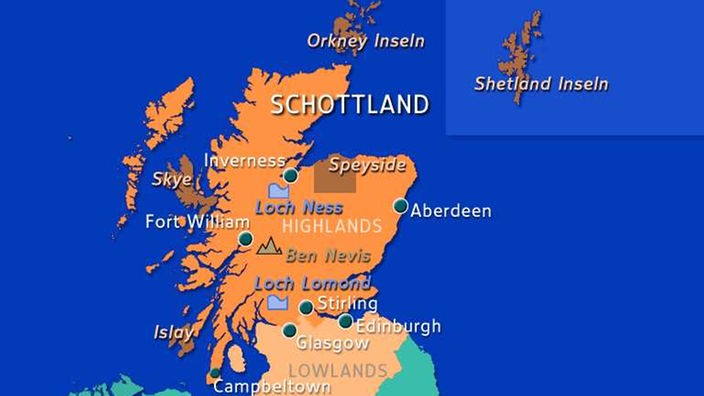 Orangefarbene Karte Schottlands, in der die vier Whisky-Regionen braun hervorgehoben sind