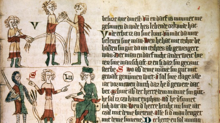 Buchmalerei um 1300 aus dem 'Sachsenspiegel'. Dargestellt wird, die abgelegte Hüte und Handschuhe vor dem Gericht