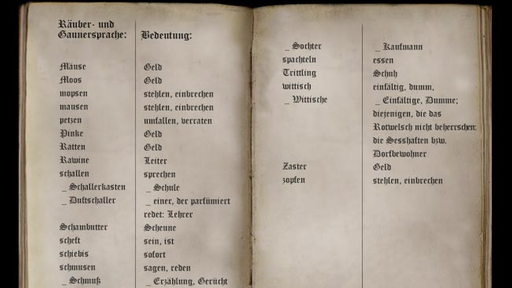 Ein aufgeschlagenes altes Wörterbuch mit Begriffen aus der Räubersprache und deren Übersetzung ins Hochdeutsche.