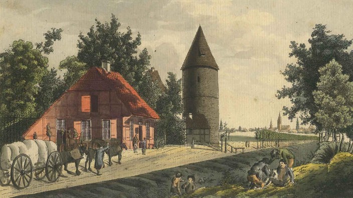 Historisches Gemälde, das eine mittelalterliche Zollstation bei Hannover zeigt