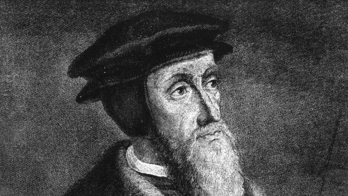 Schwarzweiß-Stich von Johannes Calvin