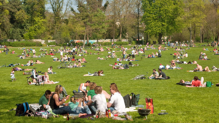 Menschen liegen bei gutem Wetter auf Decken in einem Kölner Park auf der Wiese. 