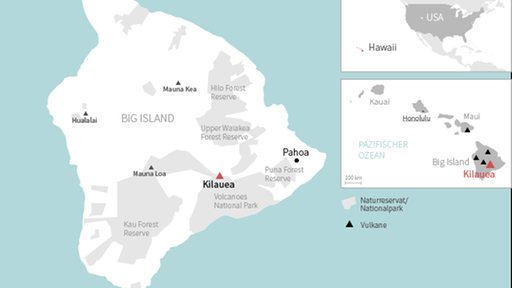 Karte mit der Lage der wichtigsten Vulkane auf Hawaii