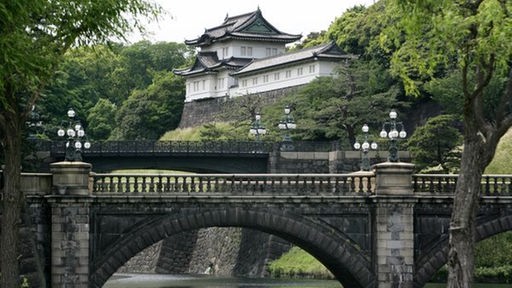 Eine Brücke über einen Fluss, im Hintergrund Bäume und ein Gebäude des Kaiserpalastes mit spitzen, verzierten Dächern.