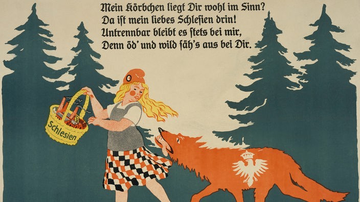 Plakat: Antipolnische Propaganda um 1921 in Form einer Rotkäppchen-Persiflage.