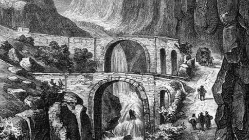 Die Teufelsbrücke auf der Gotthard Strasse, eine Xylographie aus dem 19. Jahrhundert. | Bildquelle: INTERFOTO Die Teufelsbrücke auf der Gotthard Strasse, eine Xylographie aus dem 19. Jahrhundert.