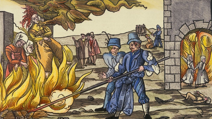 Zeitgenössisches Flugblatt mit Holzschnitt: Feuertod von drei Zauberinnen. | Bildquelle: akg Zeitgenössisches Flugblatt mit Holzschnitt: Feuertod von drei Zauberinnen.