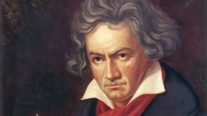 Ein Ölgemälde zeigt den älteren Beethoven beim Komponieren.