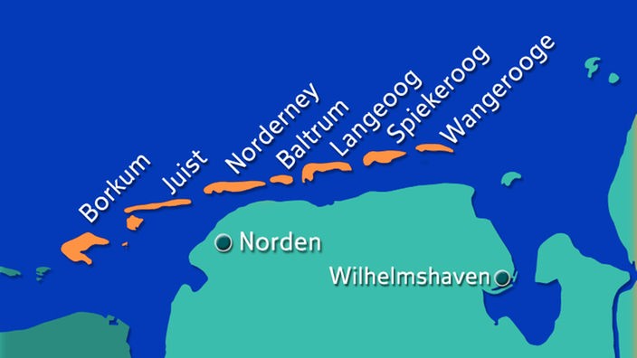 Karte von Nordwestdeutschland, auf der die sieben Ostfriesischen Inseln in Orange hervorgehoben sind.
