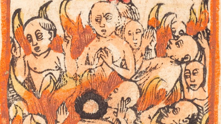 Holzschnitt von etwa 1480: Schreiende Menschen in einem Feuer