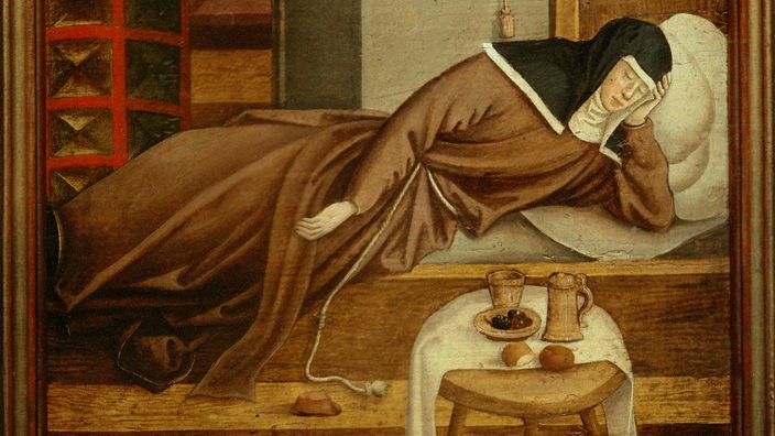 Gemälde: Nonne auf dem Bett liegend in ihrer Zelle.
