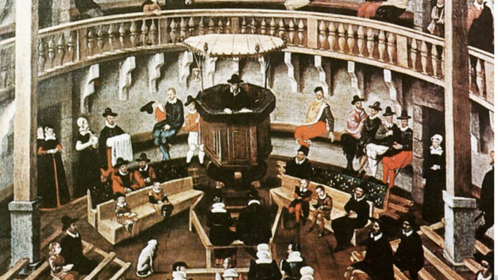 Das Gemälde zeigt einen reformierten Gottesdienst in Lyon, Mitte des 16. Jahrhundert. In der Mittel die Kanzel mit dem Pastor, darum stehen Holzbänke, auf denen Gläubige sitzen.