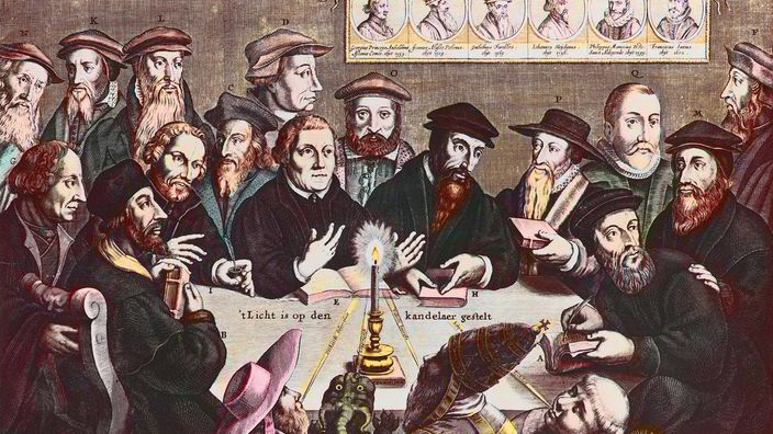 Historischer Stich von Luther und Calvin