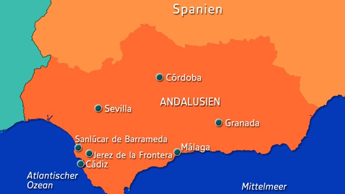 Karte der spanischen Region Andalusien; eingezeichnet sind die wichtigsten Begrenzungen (Atlantik, Mittelmeer und Restspanien) sowie die wichtigsten Städte.